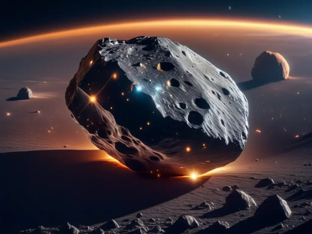 Métodos extracción asteroides metálicos: Imagen impactante de asteroide metálico en el espacio, rodeado de polvo cósmico y estrellas distantes
