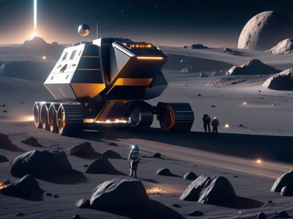 Métodos innovadores minería asteroides cósmicas - Operación minera futurista en asteroide, nave gigante, brazos robóticos, recursos cósmicos valiosos