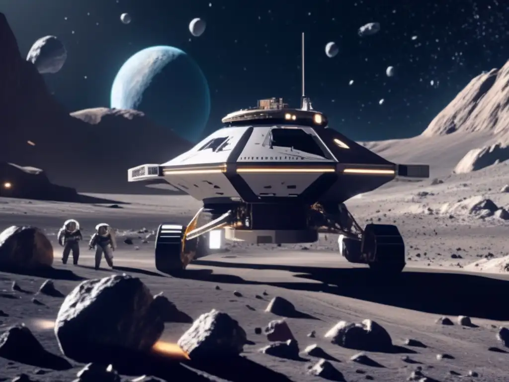 Minería espacial futurista en asteroide Operación minera espacial en asteroide: Exploración de asteroides como solución a la escasez de recursos