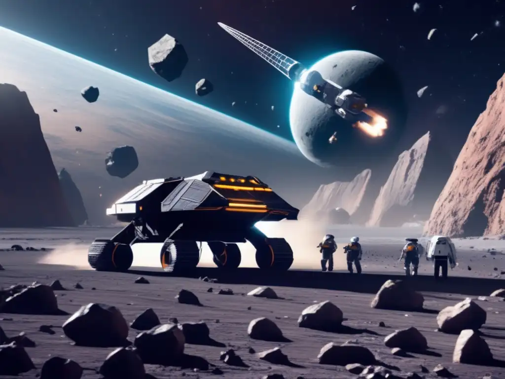 Operación minera espacial futurista en campo de asteroides
