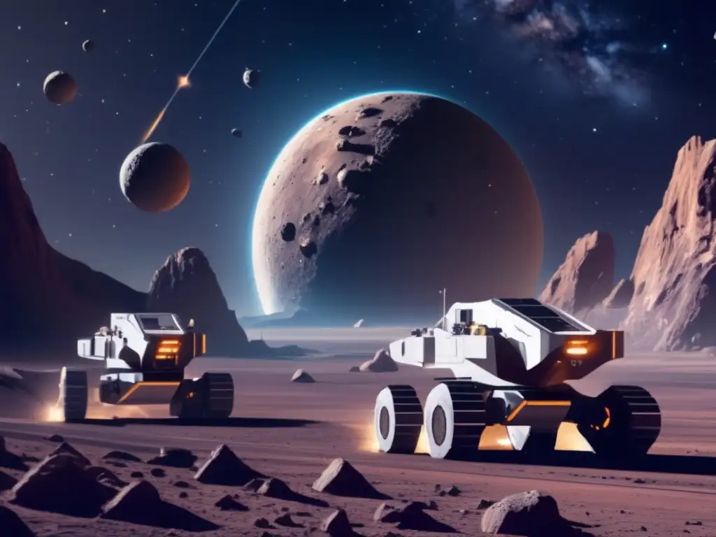 Operación minera espacial futurista con tecnología láser para extraer metales de asteroides