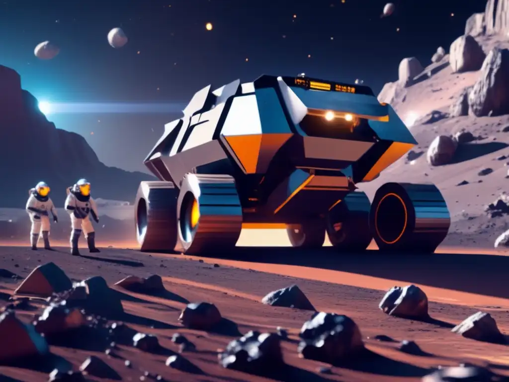Operación minera futurista en asteroide metálico: Astronautas extraen asteroides metálicos con avanzada maquinaria y trajes espaciales hightech