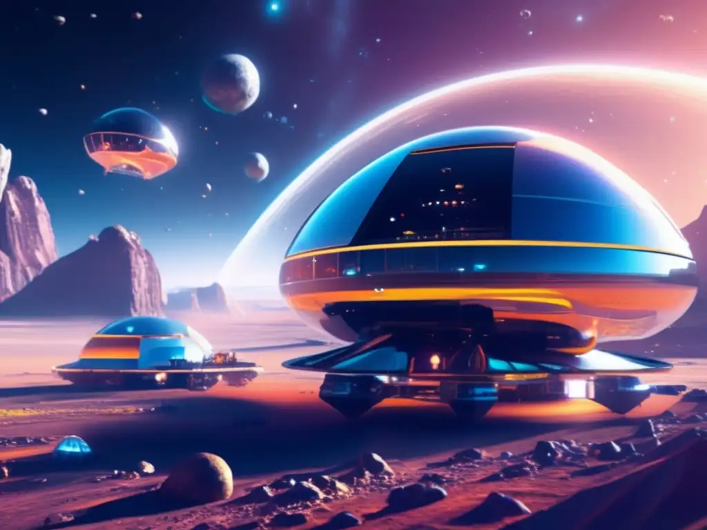 Estación minera futurista flotando en el espacio con asteroides y minerales extraterrestres