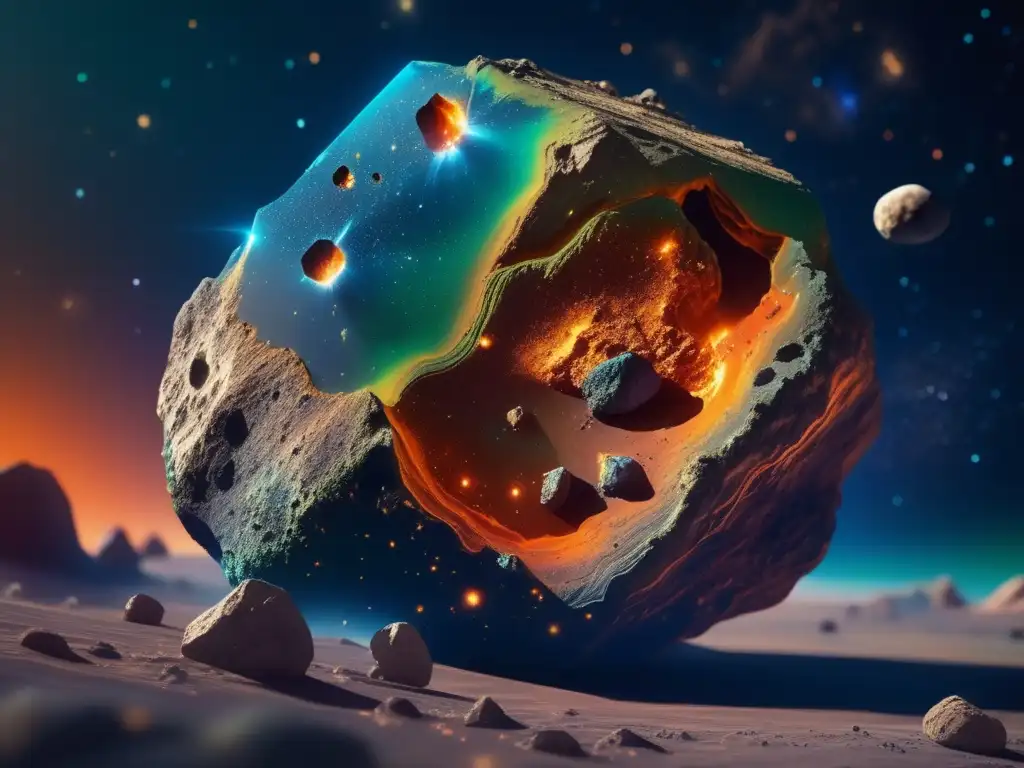 Minerales extraterrestres asteroides tesoros: asombrosa imagen 8k que muestra la belleza de un asteroide rico en minerales flotando en el espacio