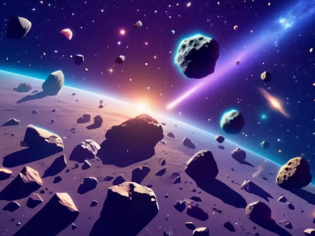 Minerales extraterrestres asteroides tesoros en vasto campo de asteroides brillantes y variados en el espacio
