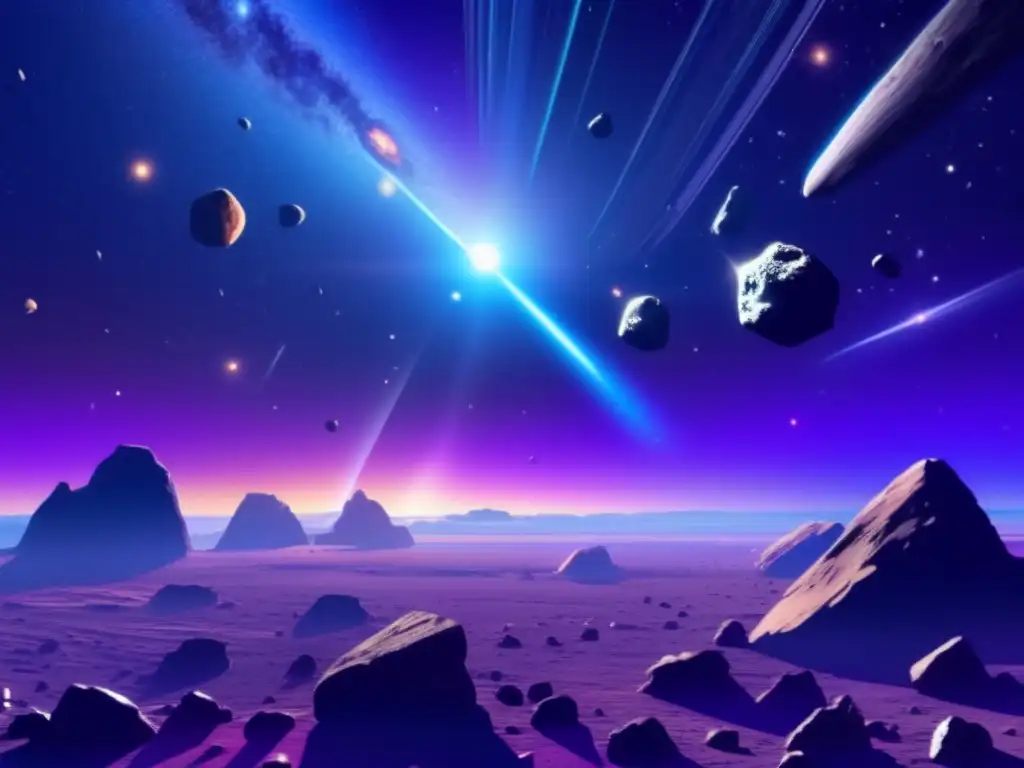 Minería de asteroides en un campo de asteroides impresionante en el espacio, con colores vibrantes y un buque minero extrayendo recursos