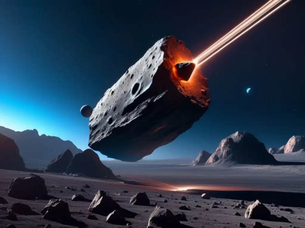 Inversión en minería de asteroides cercanos: nave espacial futurista sobre asteroide colossal, superficie rugosa y detalles de sonda espacial