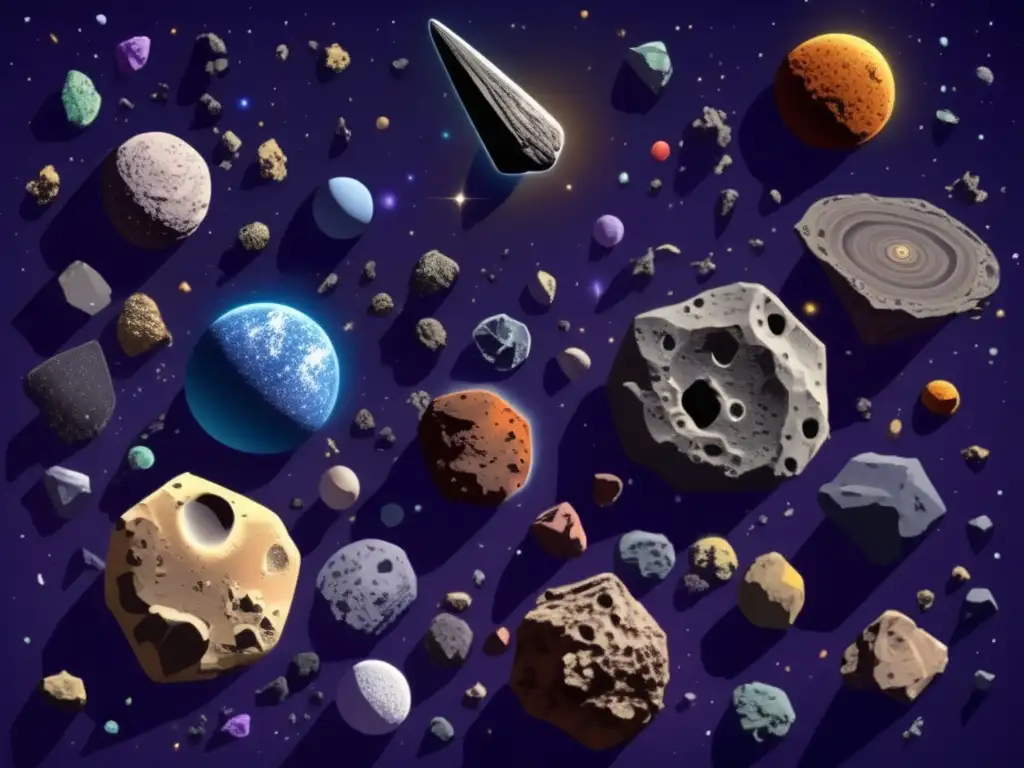 Inversión en minería de asteroides cercanos: Vasta expanse de espacio con multitud de asteroides de diferentes tamaños, formas y colores