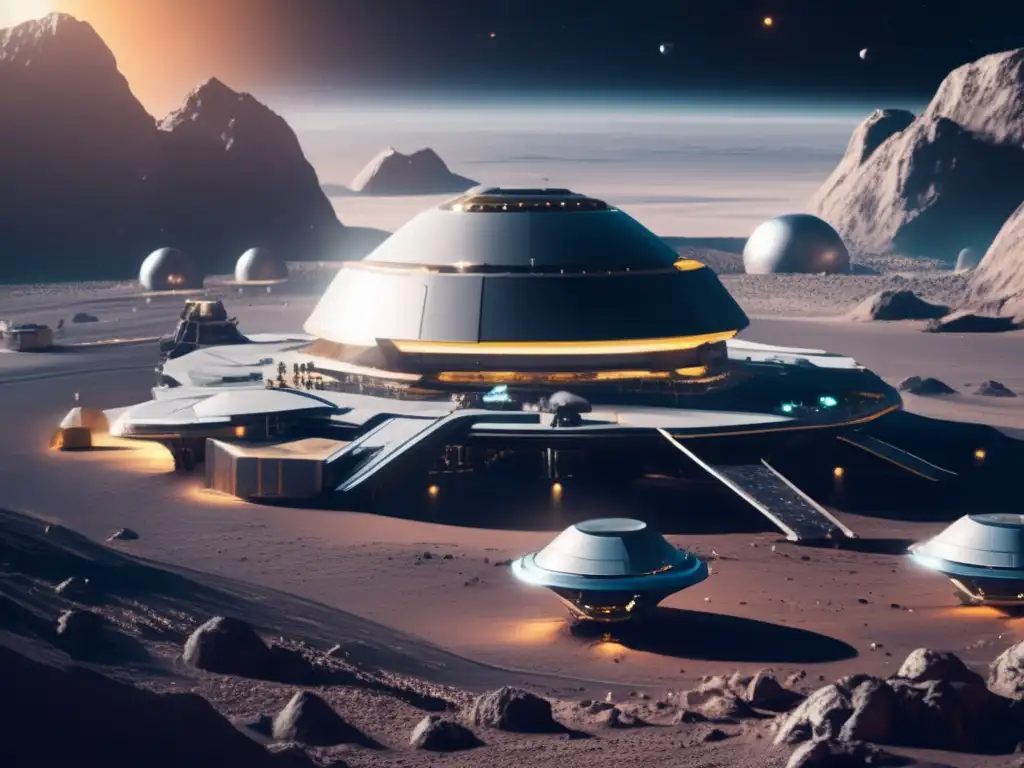 Mineria de asteroides en una colonia futurista en un asteroide rico en minerales, rodeada de naves espaciales y con un fondo estelar
