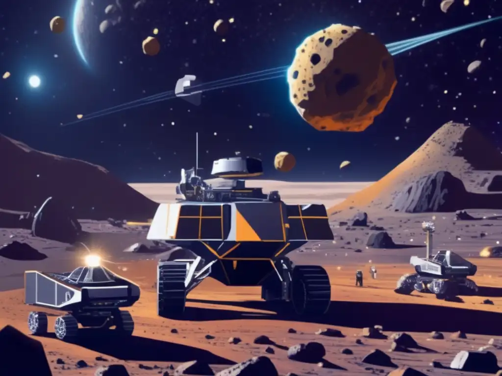 Minería de asteroides: dilema legal - Operación futurista de extracción de recursos en el espacio, con astronautas y avanzada tecnología