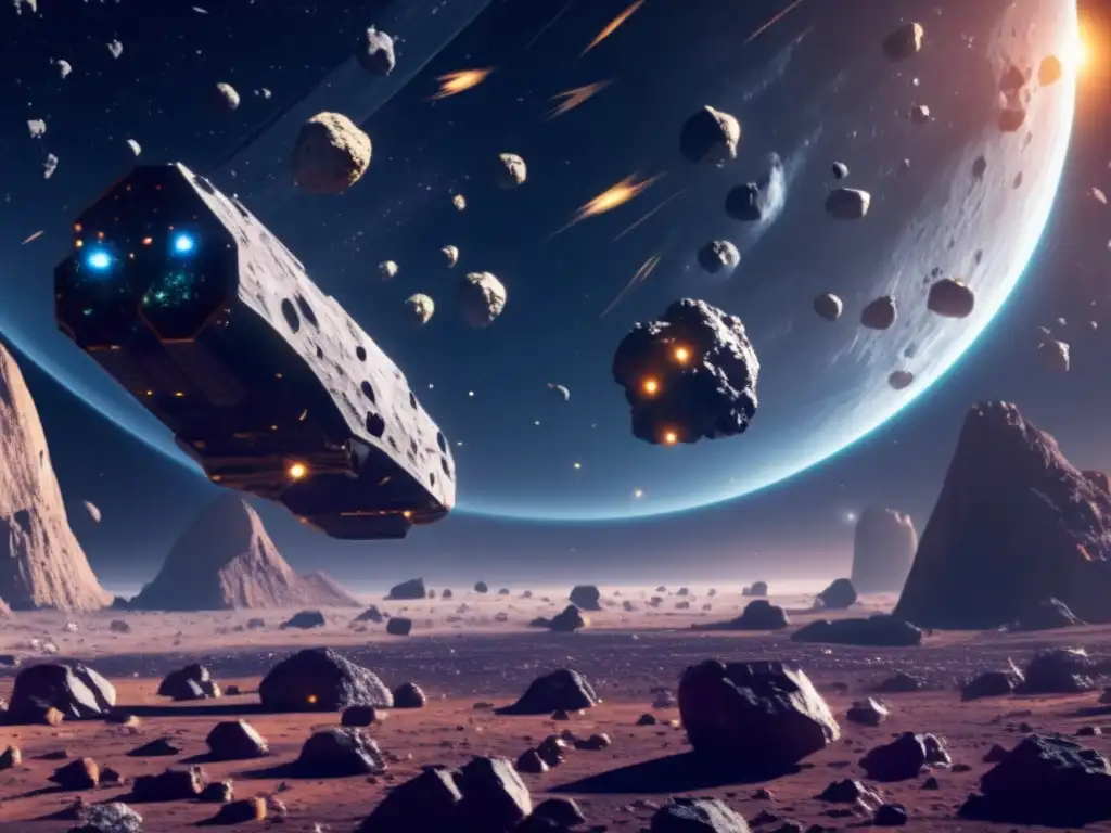 Minería de asteroides en el espacio: vasto campo con naves mineras y recursos variados