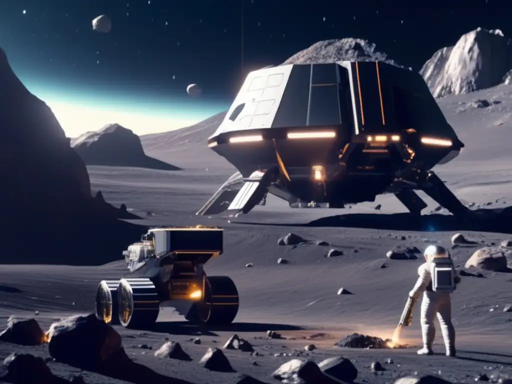 Minería de asteroides: Futura operación minera en un asteroide, con nave espacial avanzada y riquezas celestiales