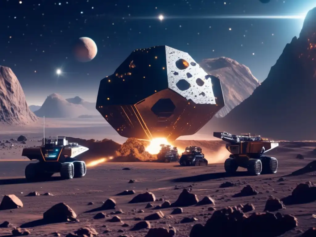 Regulación en la minería de asteroides: Futurista operación minera espacial en un asteroide 8K, con astronautas y tecnología avanzada