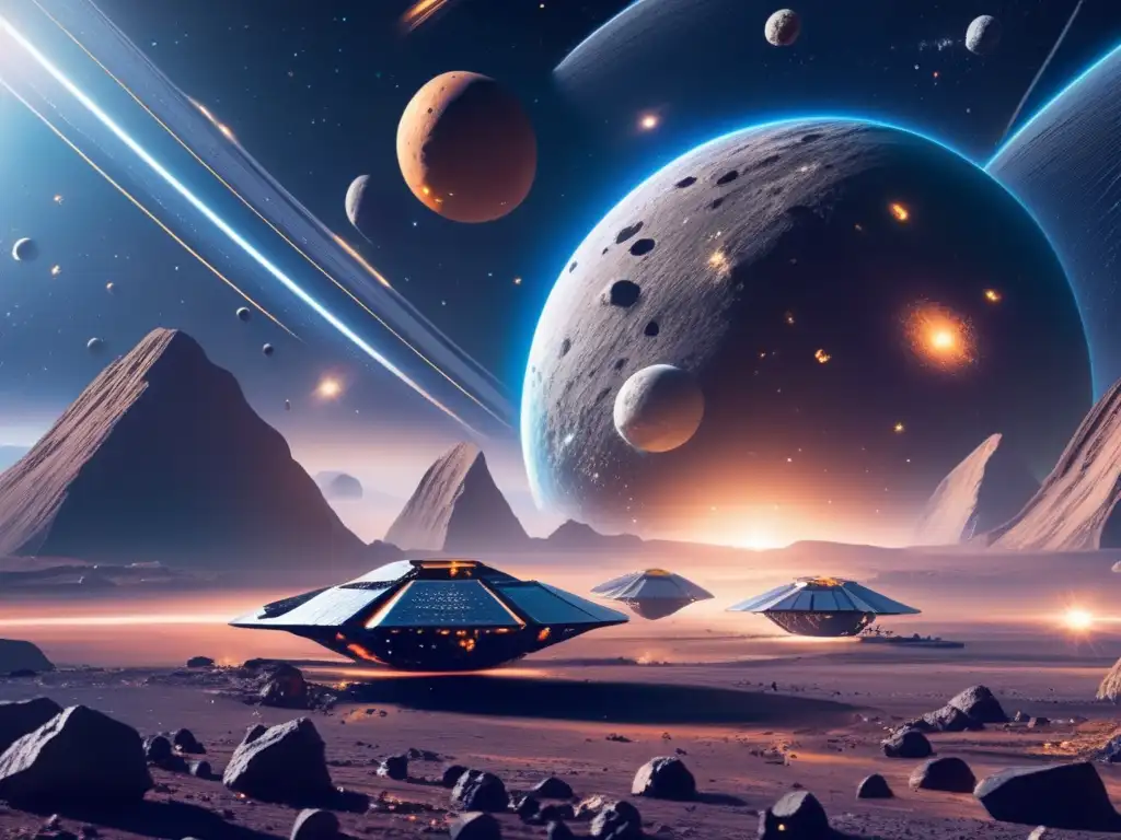 Minería de asteroides y geopolítica en una escena espacial futurista con operación minera y naves avanzadas