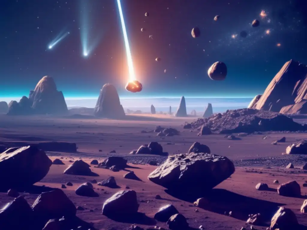 Minería de asteroides: hitos históricos - Vista impresionante de un campo de asteroides con una nave espacial futurista y avanzada tecnología minera