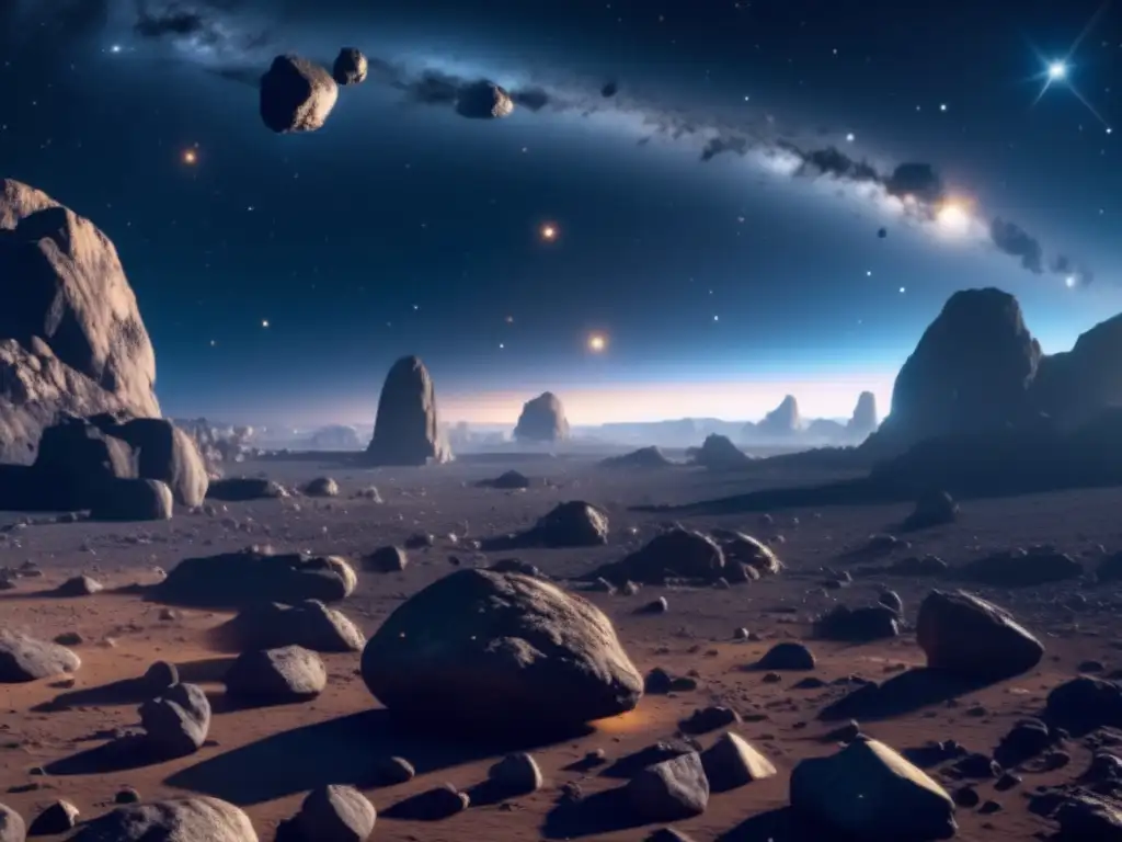 Aprende sobre minería de asteroides interactiva: Vista asombrosa de un campo de asteroides en 8k, con naves espaciales y belleza celestial