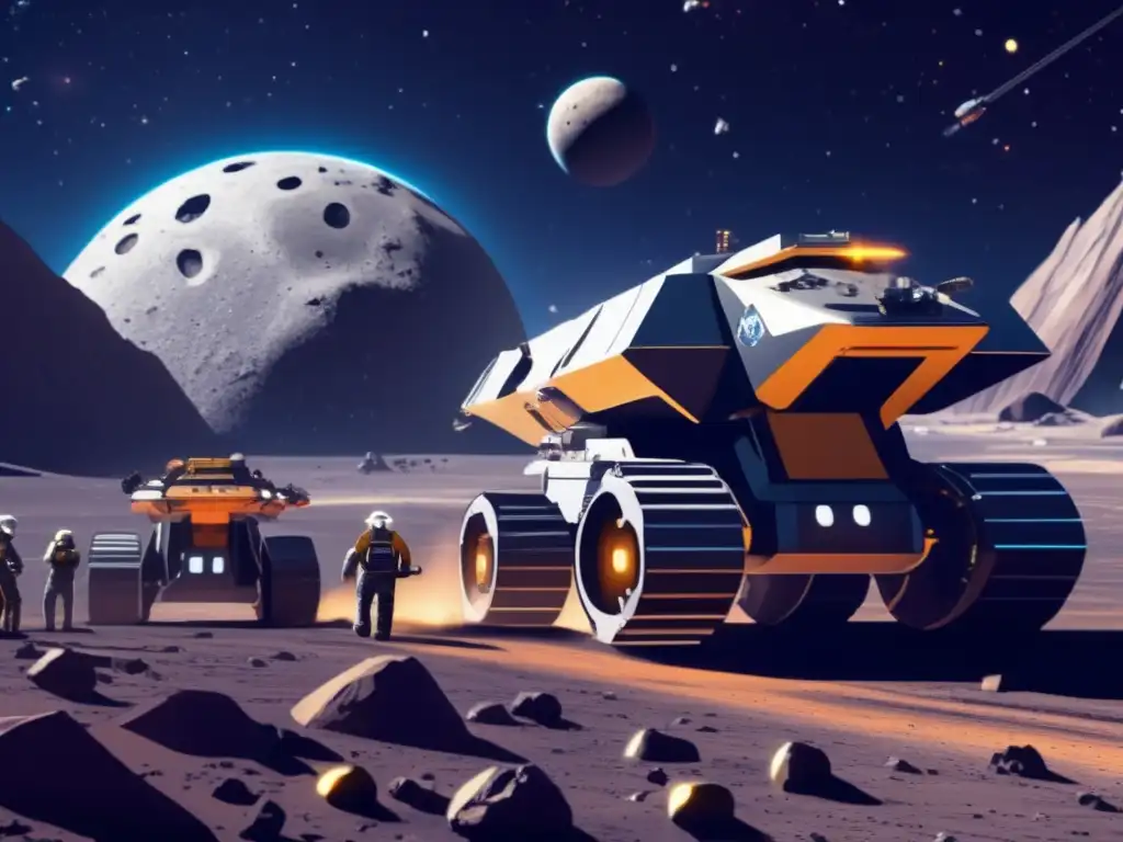 Minería de asteroides y ley espacial: Operación futurista en un asteroide con equipos mineros, robots y tecnología avanzada