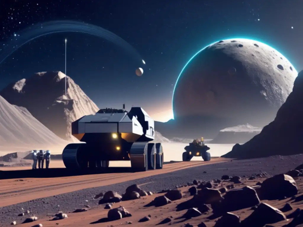 Minería de asteroides y ley espacial: Operación futurista en asteroide con maquinaria y tecnología avanzada