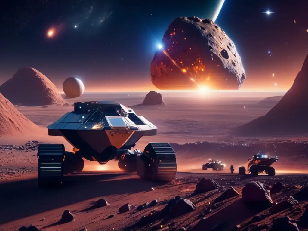 Minería de asteroides y ley espacial: imagen impactante del espacio con asteroide, galaxias y operación minera futurista