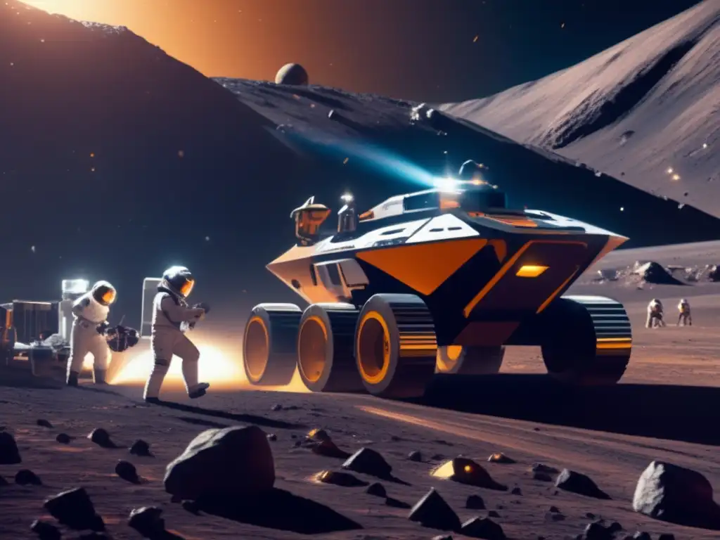 Minería de asteroides y ley espacial: Futurista operación minera en un asteroide con tecnología de vanguardia y astronautas