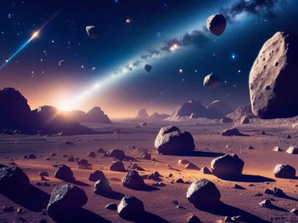 Minería de asteroides: leyes y ética en un fascinante y futurista paisaje espacial con asteroides de distintos tamaños y colores