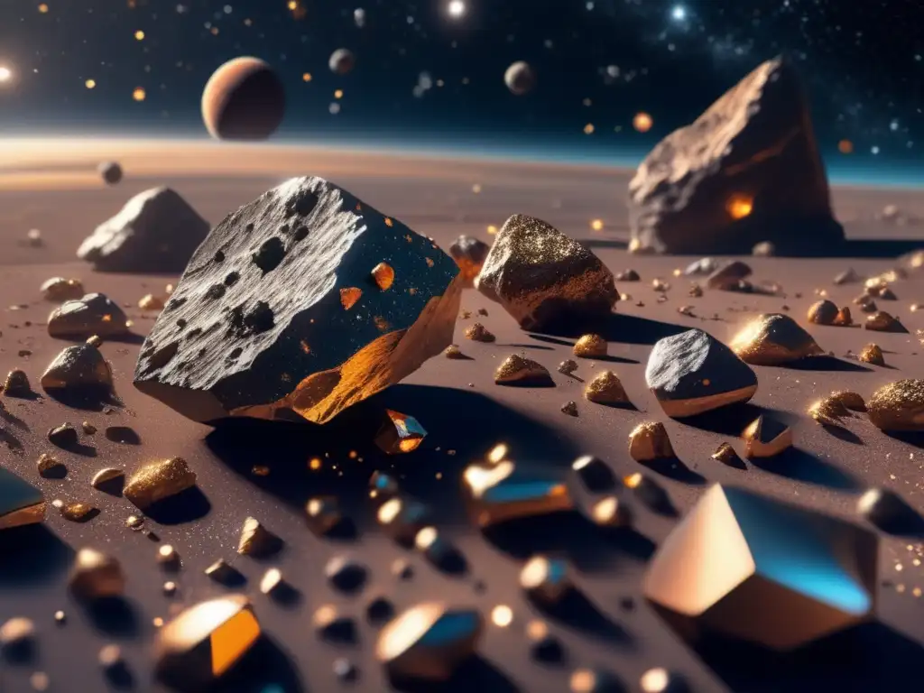 Minería de asteroides metálicos en el espacio: imagen 8k muestra expanse celeste con brillantes asteroides metálicos flotando