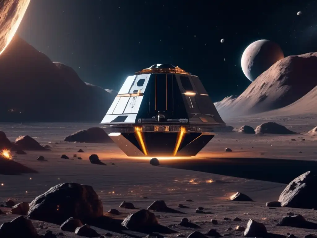 Minería de asteroides: oportunidades económicas, escena espacial con nave minera avanzada y drones asistentes
