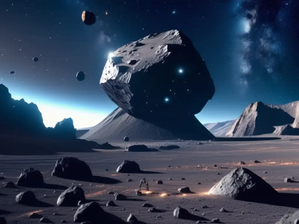Minería de asteroides en un paisaje espacial futurista con tecnología avanzada y recursos valiosos
