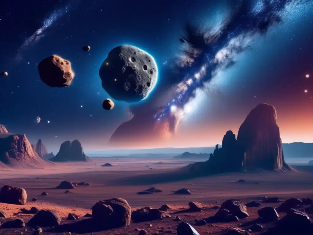 Minería de asteroides en un paisaje espacial impresionante con astronautas y tecnología avanzada