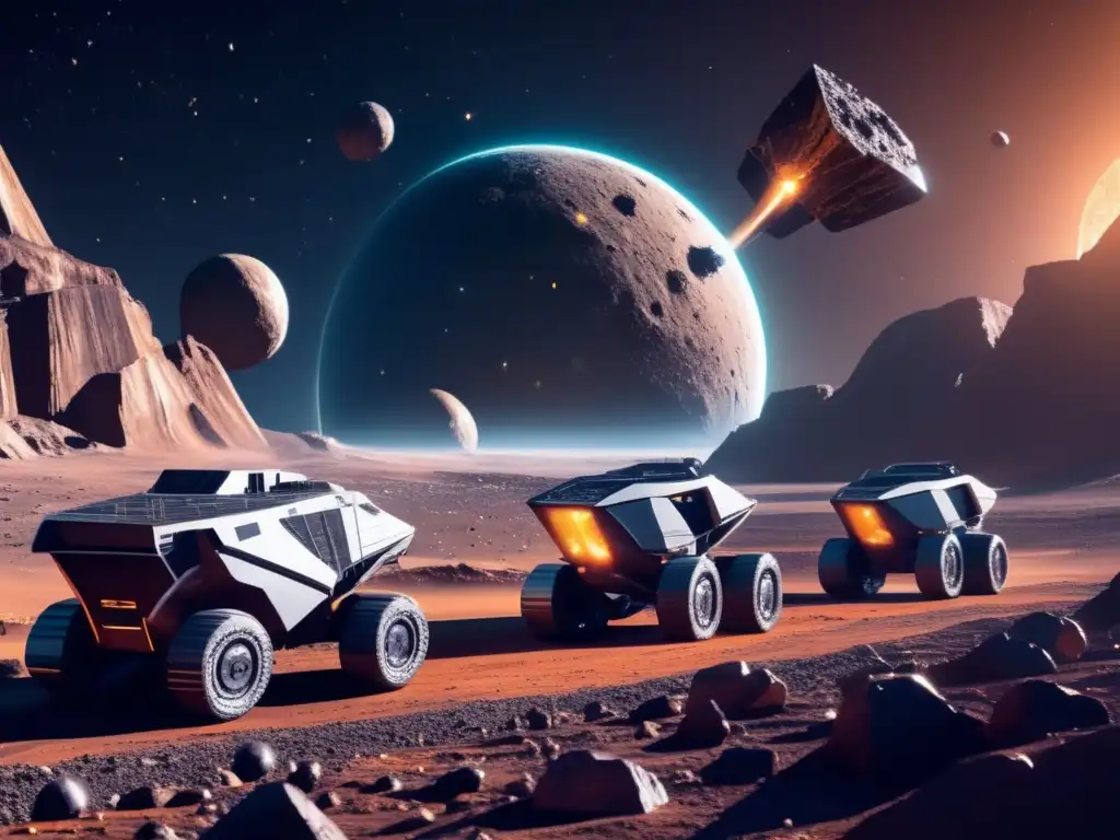 Minería de asteroides como recurso en una escena futurista de extracción de metales en el espacio