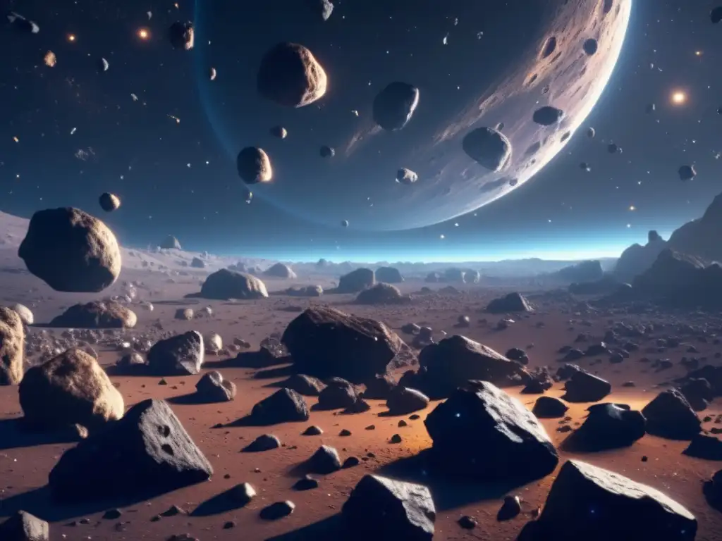 Minería de asteroides como recurso en el espacio estelar con múltiples asteroides suspendidos y nave minera futurista