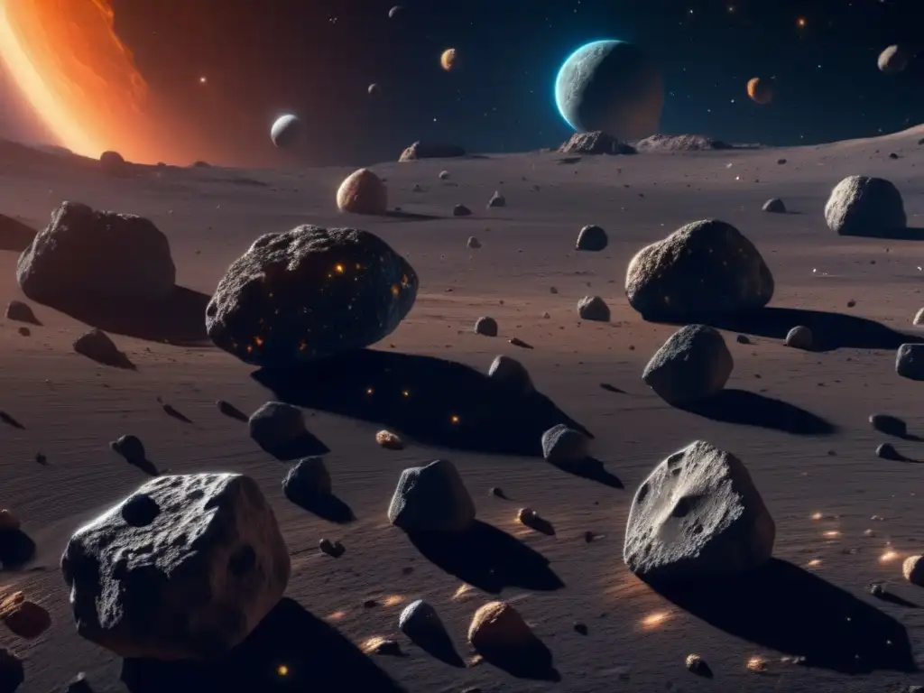 Mineria de asteroides como recurso: imagen impresionante en 8k muestra una vista cercana de una variedad diversa de asteroides flotando en el espacio