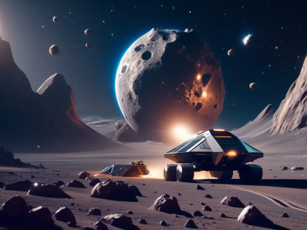 Minería de asteroides como recurso en una impresionante imagen 8k detallada de una operación minera espacial futurista