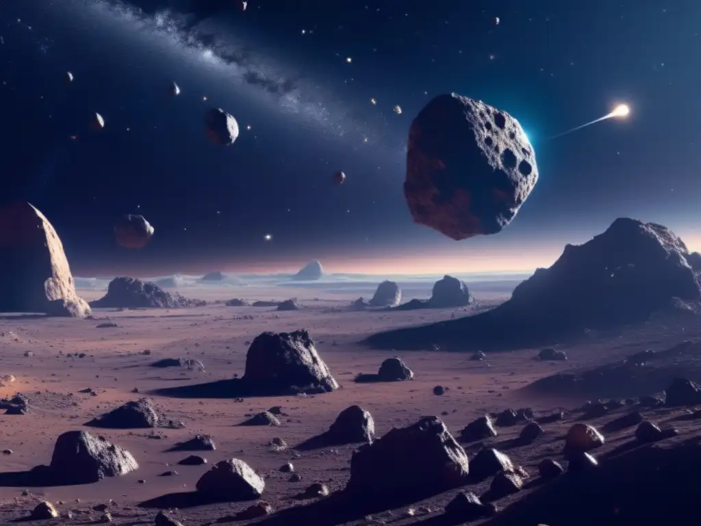 Mineria de asteroides como recurso en un vasto campo de asteroides iluminados por estrellas en el espacio