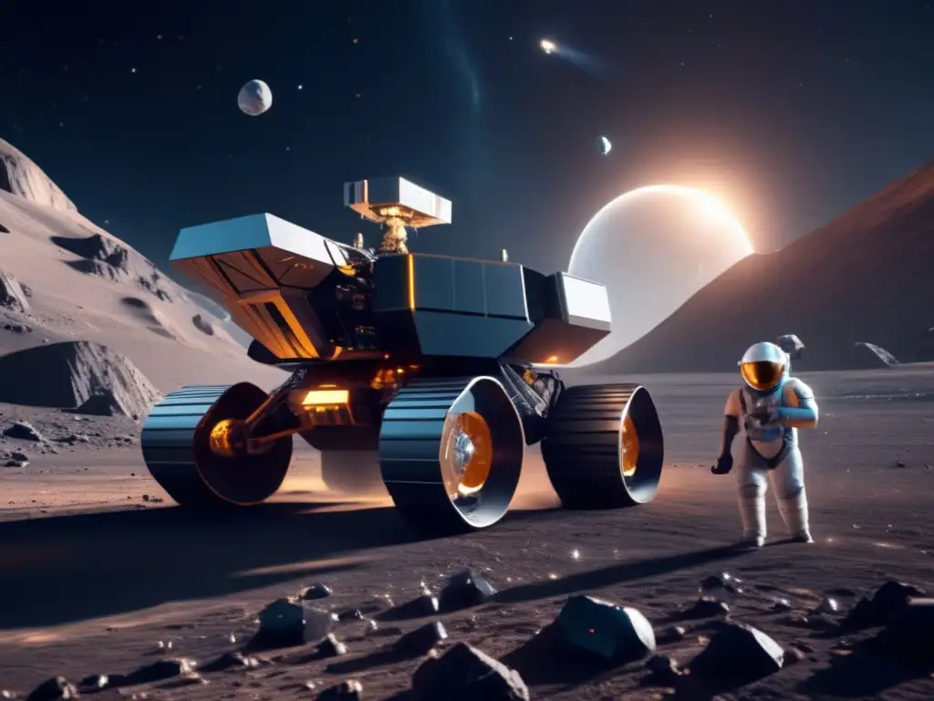 Minería de asteroides rentable: imagen 8K de una operación futurista, con asteroide lleno de minerales y una nave espacial avanzada