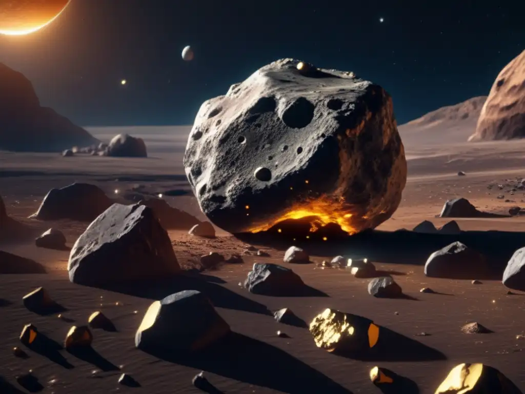 Minería de asteroides rentable: imagen detallada de asteroides con recursos valiosos y una instalación futurista de extracción