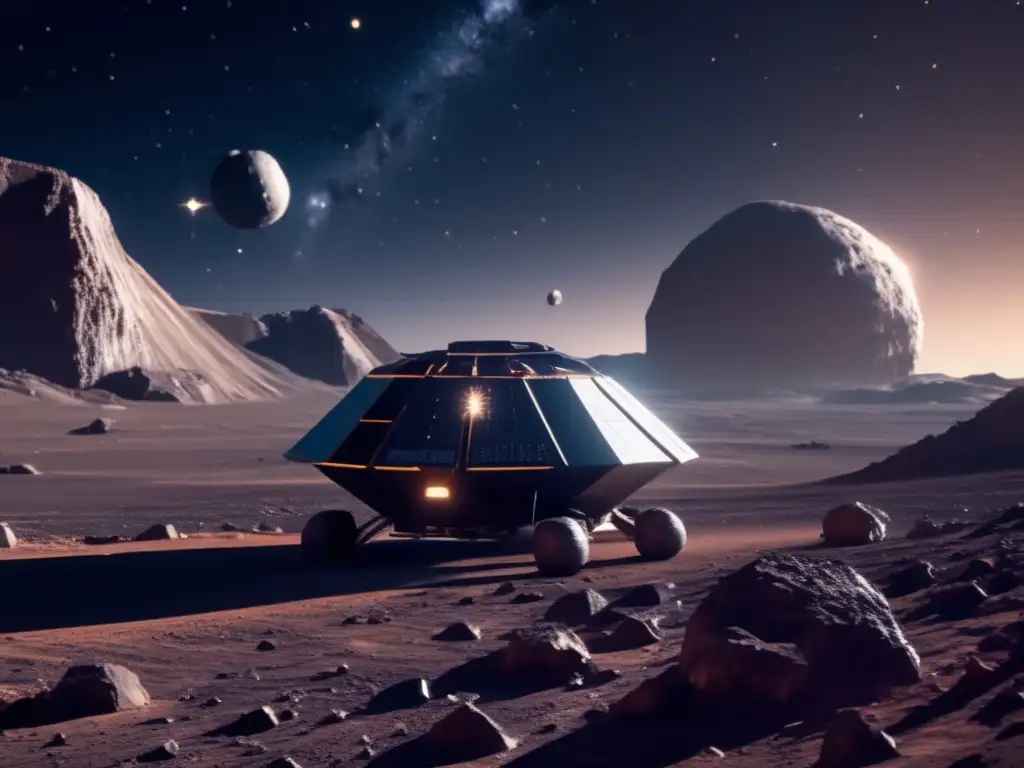 Minería de asteroides rentable en un paisaje espacial futurista con astronautas y maquinaria avanzada