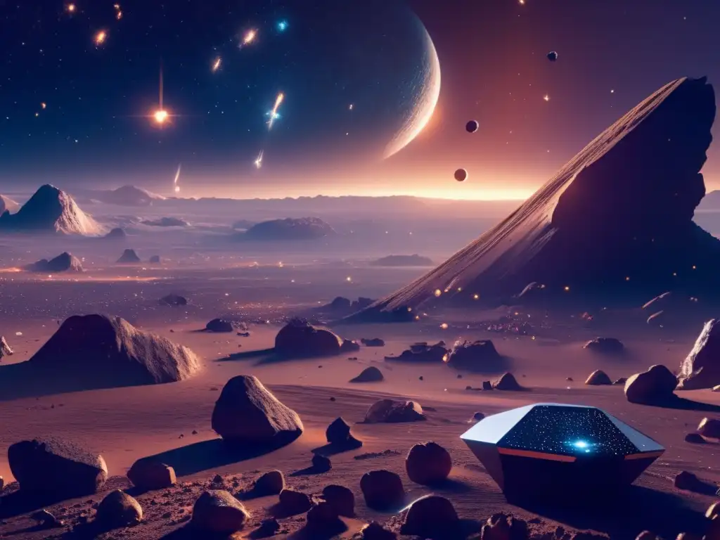 Minería de asteroides rentable en un paisaje cósmico con asteroides, nave espacial minera y belleza impresionante