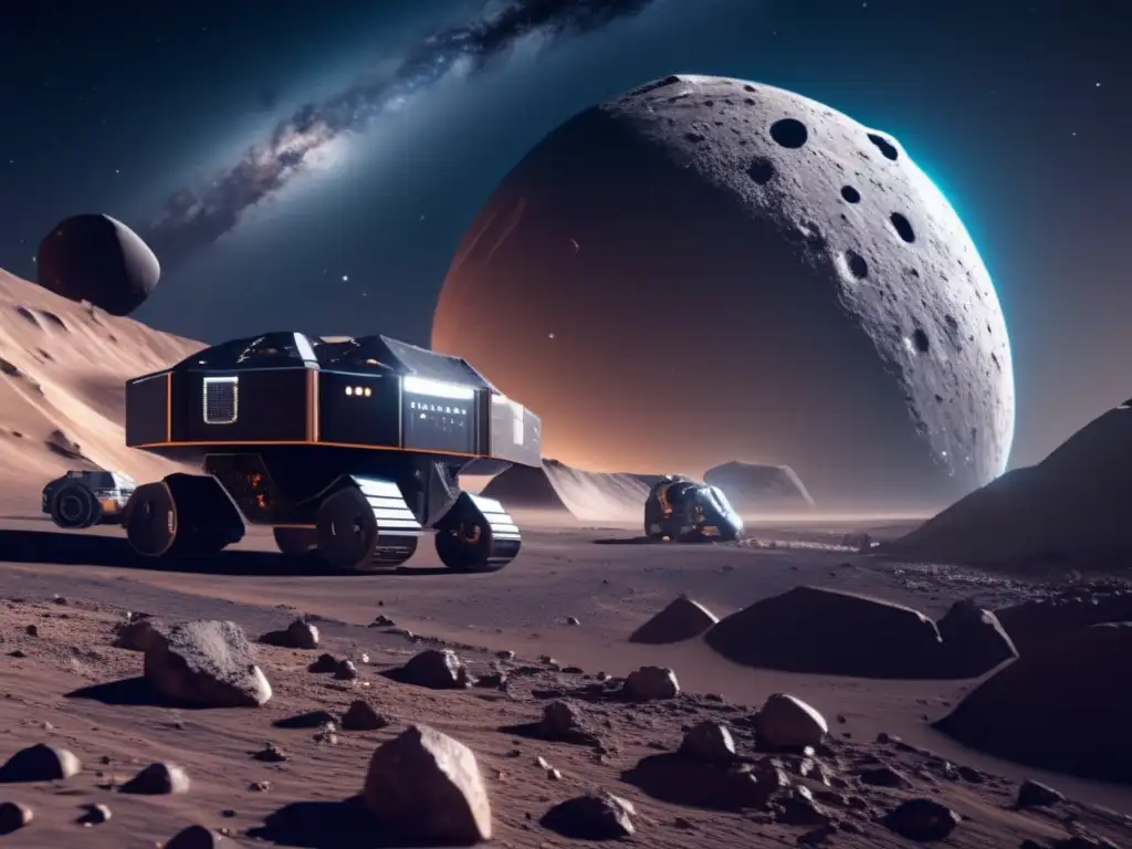 Minería de asteroides: riquezas celestiales en el espacio infinito, con maquinaria avanzada y astronautas operando