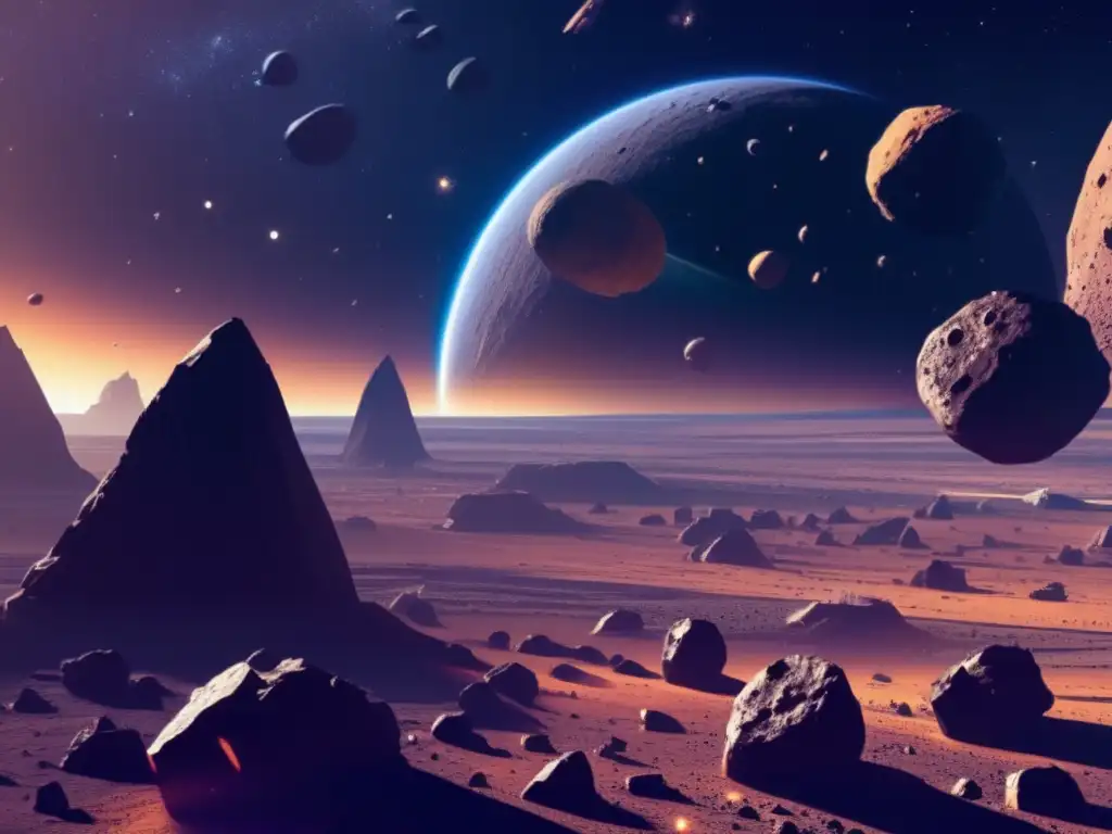 Minería de asteroides: riquezas celestiales en un cinturón rocoso espacial con asteroide minero futurista y tecnología avanzada
