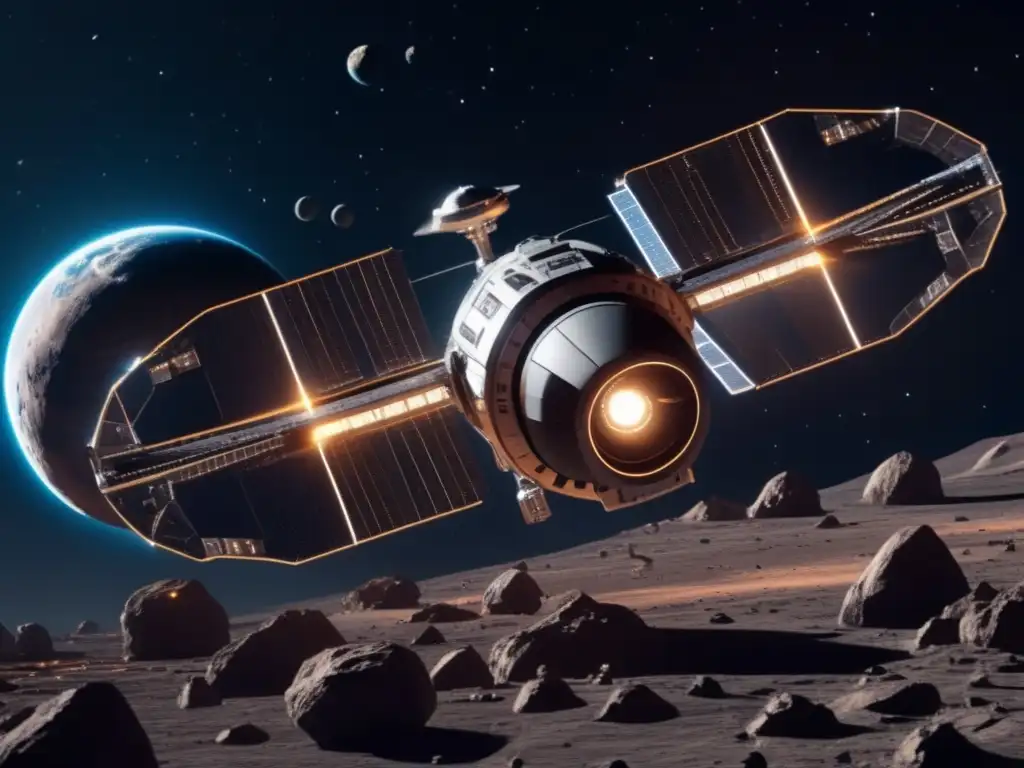 Minería de asteroides como solución a escasez: espacio futurista con avanzada tecnología minera en asteroide distante