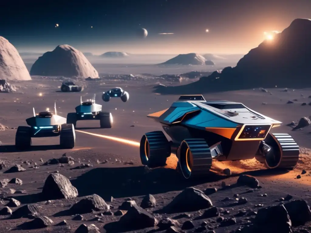 Minería de asteroides con vehículos autónomos en escena futurista