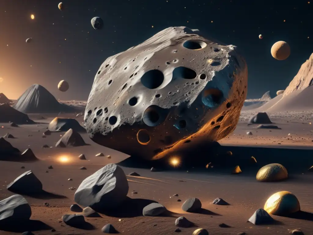 Minería espacial: asteroide con composición detallada, formaciones geológicas, texturas y cráteres