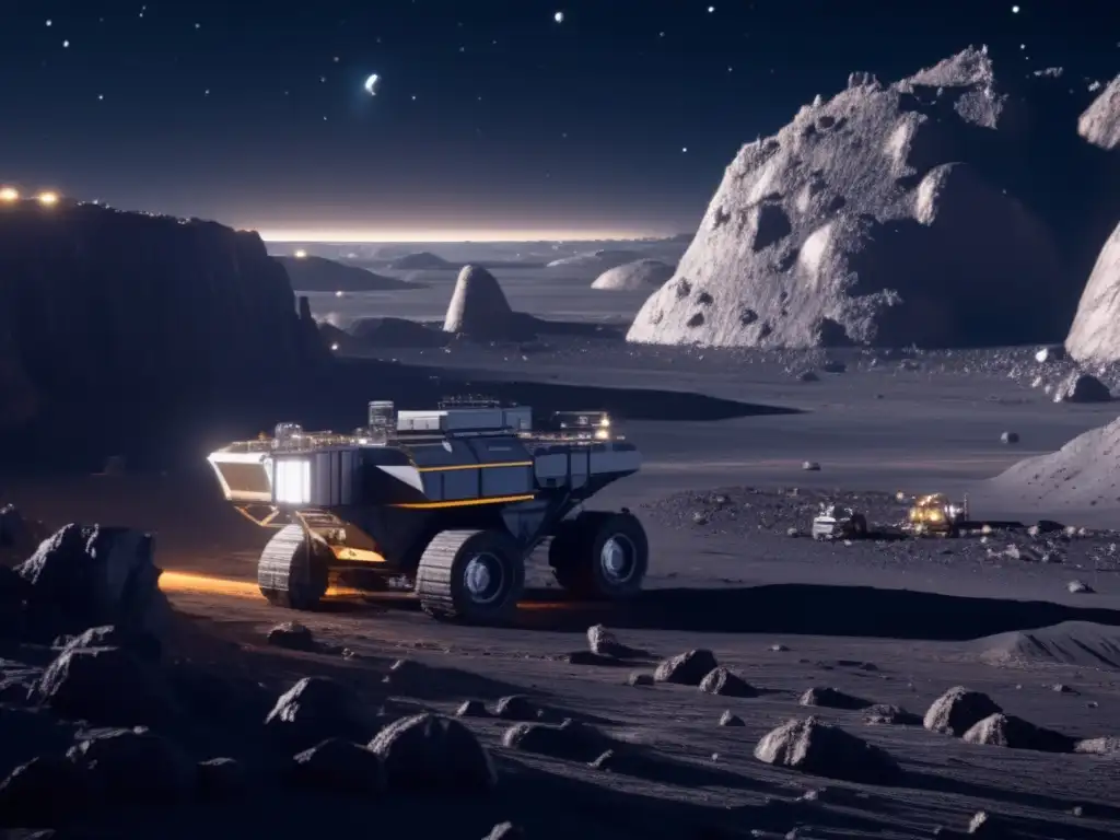 Minería espacial: Asteroide Ryugu extractos y paisaje impresionante de la operación futurista en el espacio