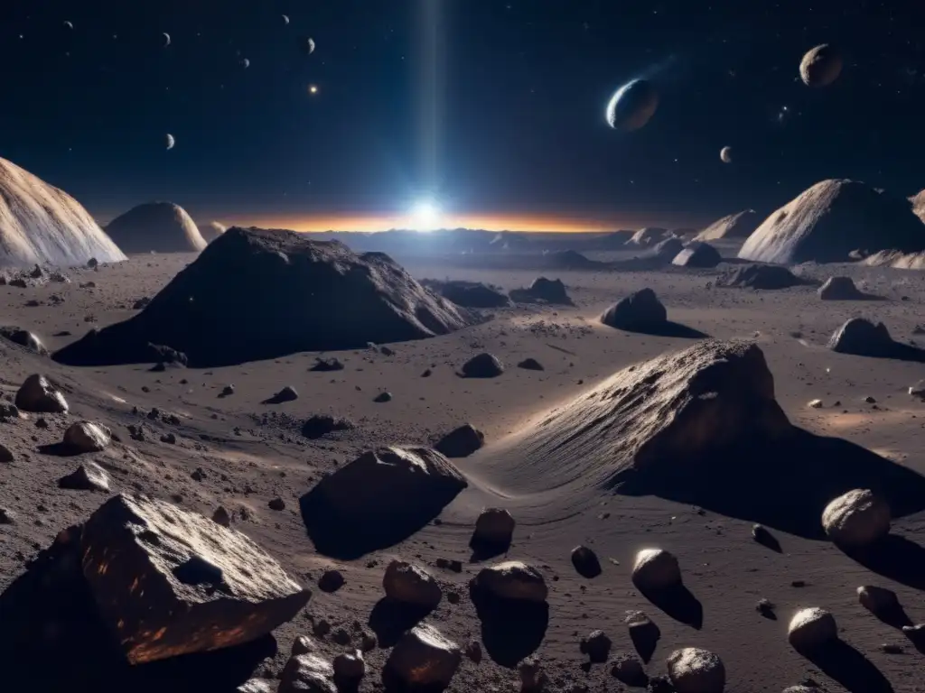 Minería espacial: asteroide metálico en 8k, impresionante vista panorámica en la oscuridad del espacio, valiosos minerales en asteroides brillantes