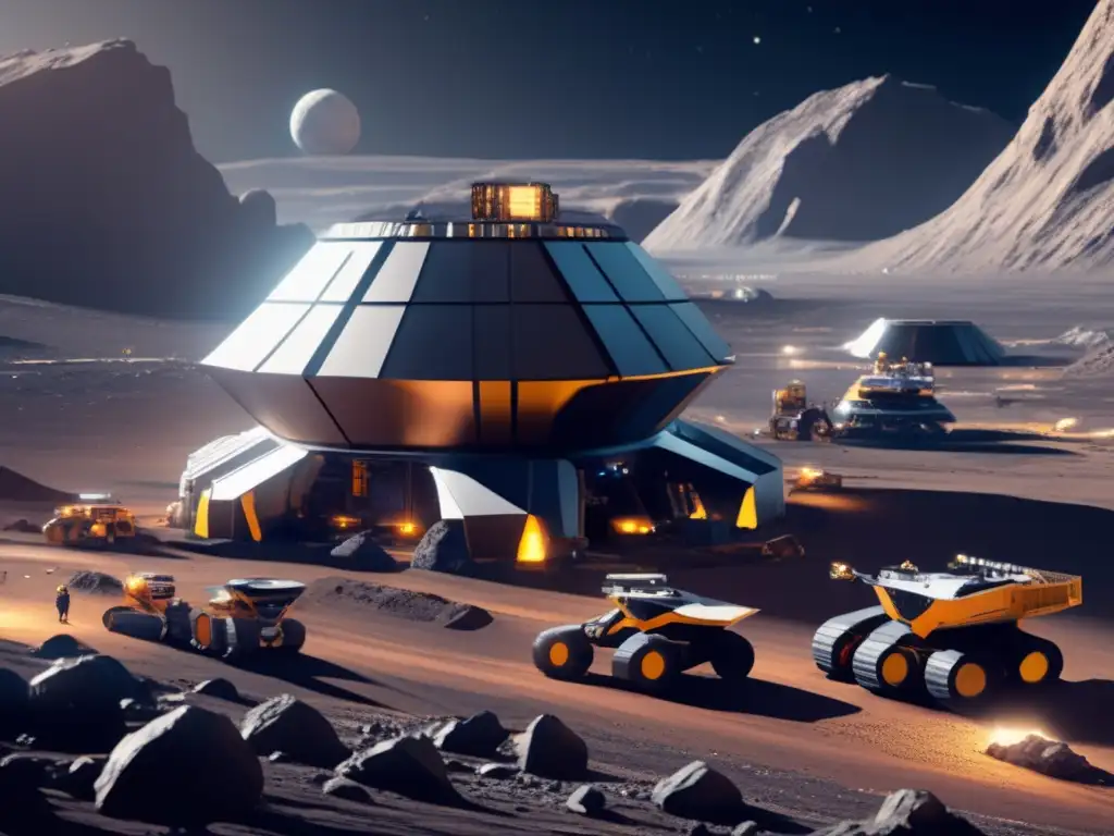 Minería espacial en asteroide troyano: Futurista operación minera con tecnología avanzada, extracción de recursos y medidas preventivas