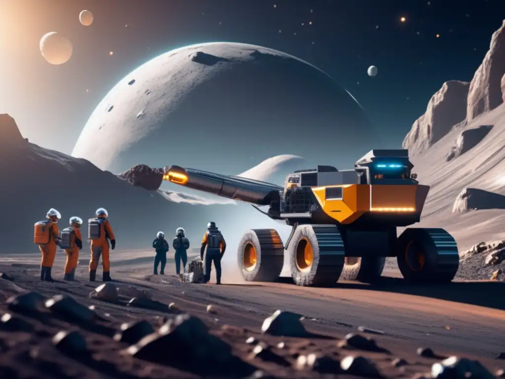 Minería espacial en asteroides: equipo futurista, recursos valiosos y avances tecnológicos en una imagen 8k