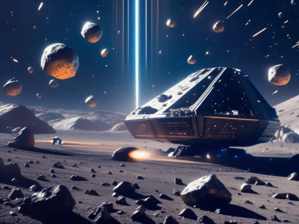 Minería espacial de asteroides metálicos en un campo vasto y detallado de 8k en el espacio, con una nave minera futurista y tecnología de punta