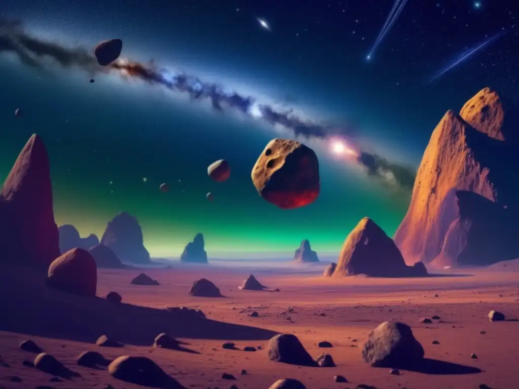 Minería espacial en asteroides nuevos: escena espacial con asteroides diversos en colores y formas contra estrellas distantes