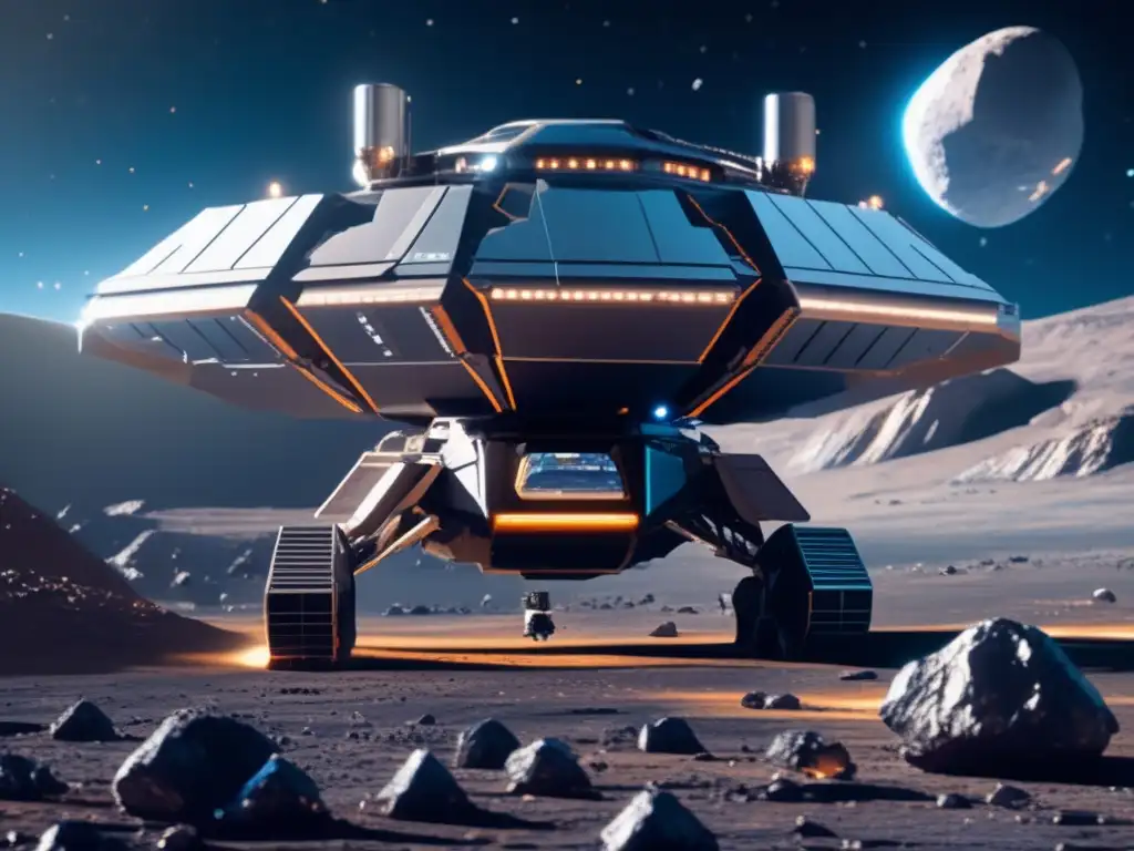 Minería espacial: asteroides ricos en recursos- Operación futurista en el espacio con una nave minera avanzada y asteroides impresionantes